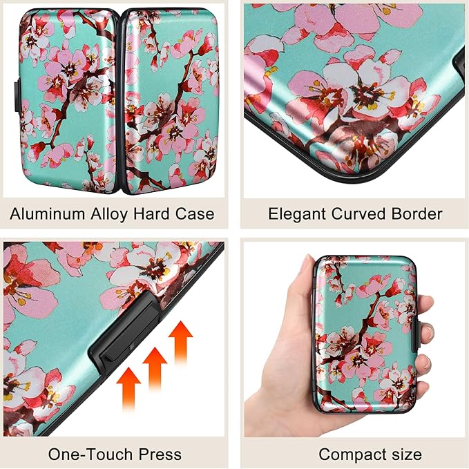 ELFISH Mini RFID Aluminum Wallet Credit Cards Holder Business Card Case Metal ID Case for Men Women（Pink Peach Blossom