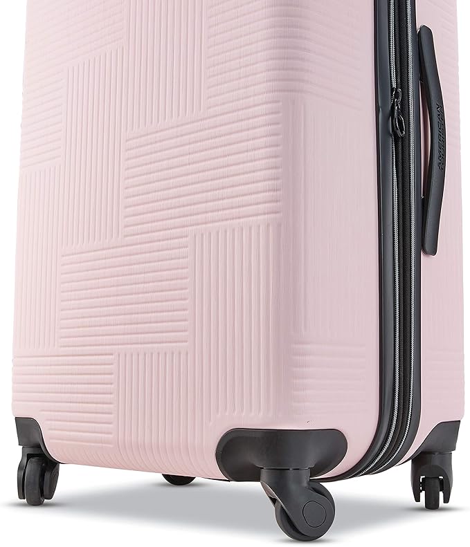 American Tourister Stratum XLT Expandable Hardside Luggage with Spinner Wheels, Pink Blush, Checked-Medium 24-Inch