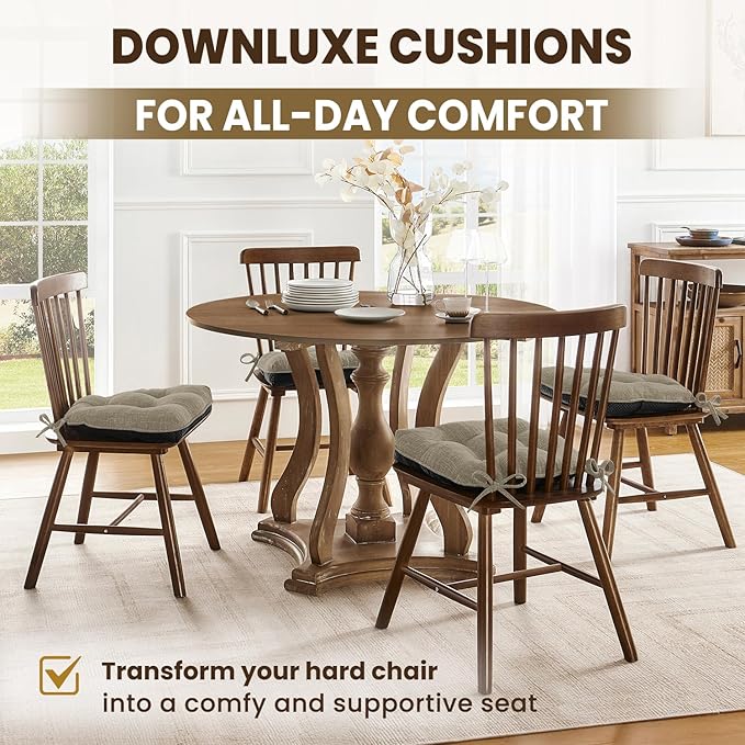 downluxe Indoor Chair Cushions for Dining Chairs, Tufted Overstuffed Textured Memory Foam Kitchen Chair Pads with Ties and Non-Slip Backing, 15.5" x 15.5" x 4", Khaki, 4 Pack