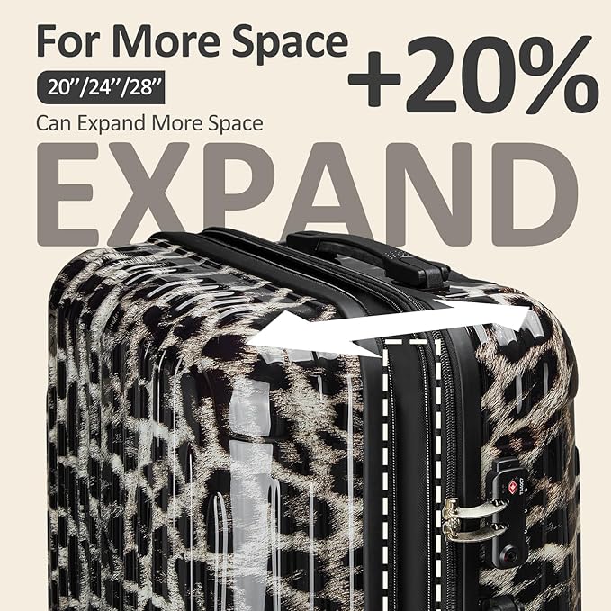 24inch Chcheetah Print Luggage with Spinner Wheels, Lightweight PC+ABS Hard Shell Suitcases, Expandbale Storage & TSA Aprovel Lock