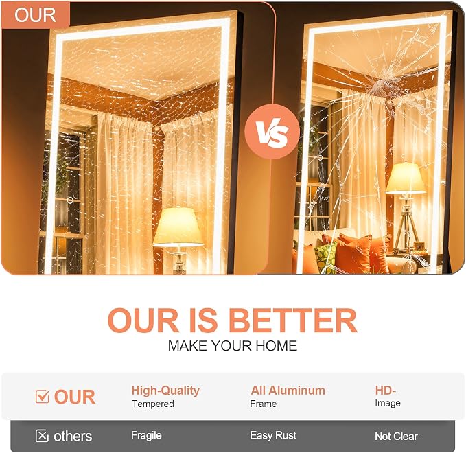 67" x 24" Full Length Mirror with Lights, LED Lighted Floor Standing Body Mirror, Dimmable & 3 Color Lighting for Bedroom, Cloakroom, Dressing Room, Tempered Glass, Black Frame