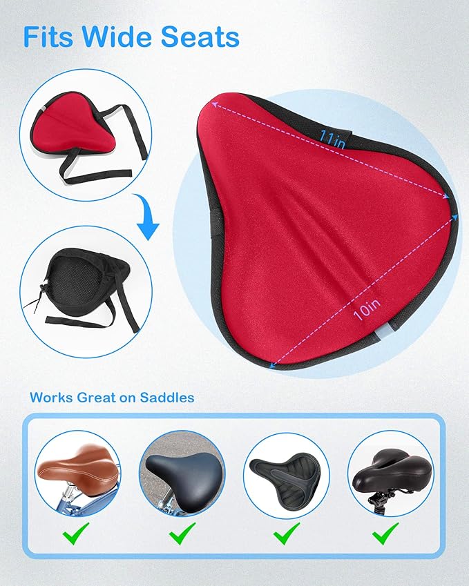 Bike Seat Cushion, Gel Bike Seat Cover, Bicycle Seat Cushion Covers for Women Men Comfort Compatible, Suitable for Outdoor and Indoor (11x10 inch)-Red