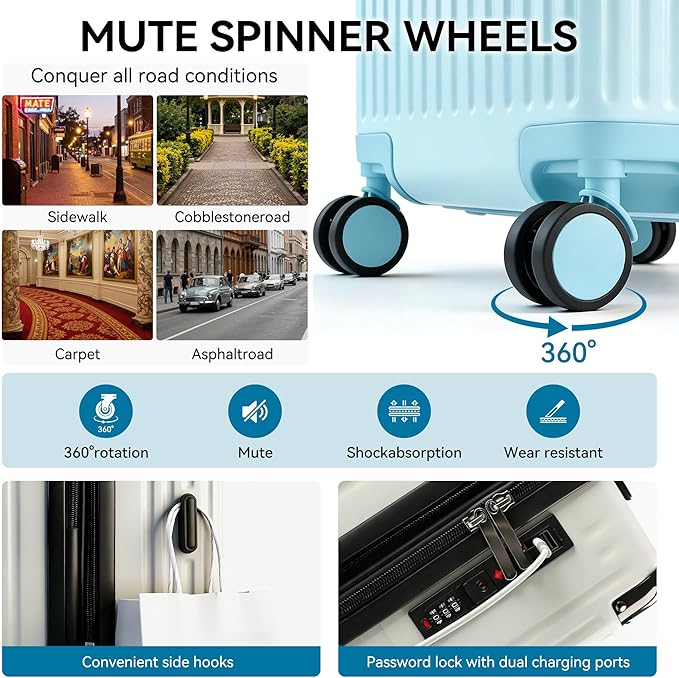 20 Inch Carry On Luggage with Spinner Wheels,PC Expandable Hard Shell Suitcase with USB Port,Lightweight Travel Luggage Airline Approved for Men Women (Mint blue)