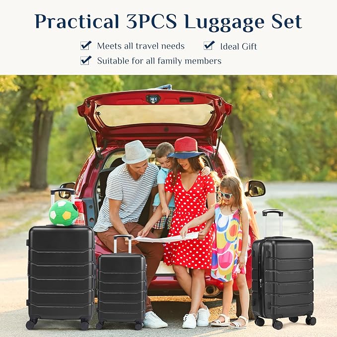 NEWBULIG Suitcases Spinner Wheels Lightweight Expandable Travel Hard Shell Luggage with TSA Lock, Black, 3-PCS Set (20/24/28 Inch)