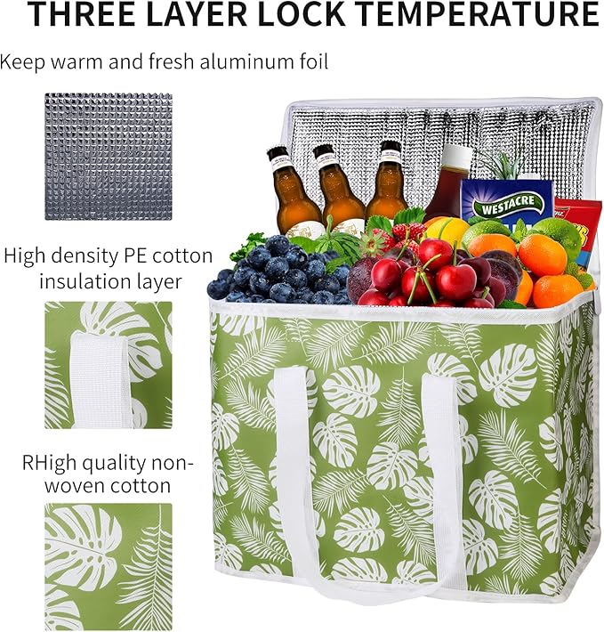 musbus 2-Pack extra Insulated Grocery shopping bag, large Green leaf, kitchen foldable reusable bags groceries,Sturdy zipper,Collapsible,tote,cooler,for transport women,Durable carrier