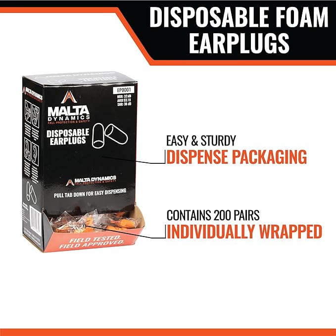 Malta Dynamics Foam Ear Plugs 200 Pairs – 32dB NRR Noise Cancelling Ear Plugs for Hearing Protection, Construction, Sleep, Concerts, Shooting, and More Individually Wrapped & Disposable Earplugs