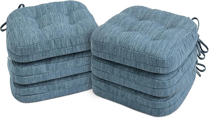 Shinnwa Dining Chair Cushions Set of 6, Dual-Layer Memory Foam Kitchen Chair Cushions, Patented Design Seat Pads with Ties, 16.5 x 16.5 x 3.5in, 6 Pack, Denim Blue