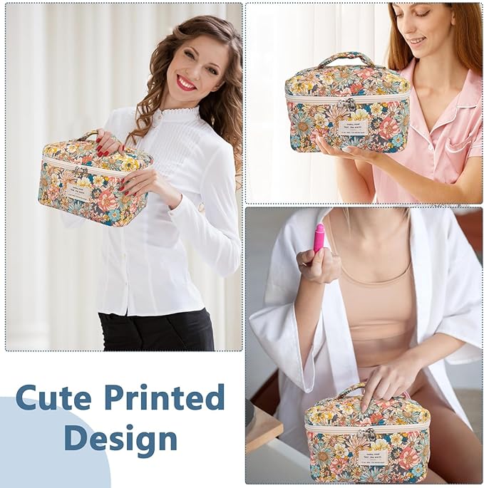 Large Makeup Bag, Cute Cosmetic Bag for Women Girls, Floral Coquette Aesthetic Toiletry Bag, Travel Make Up Organizer Bag (South Twigs Flower)