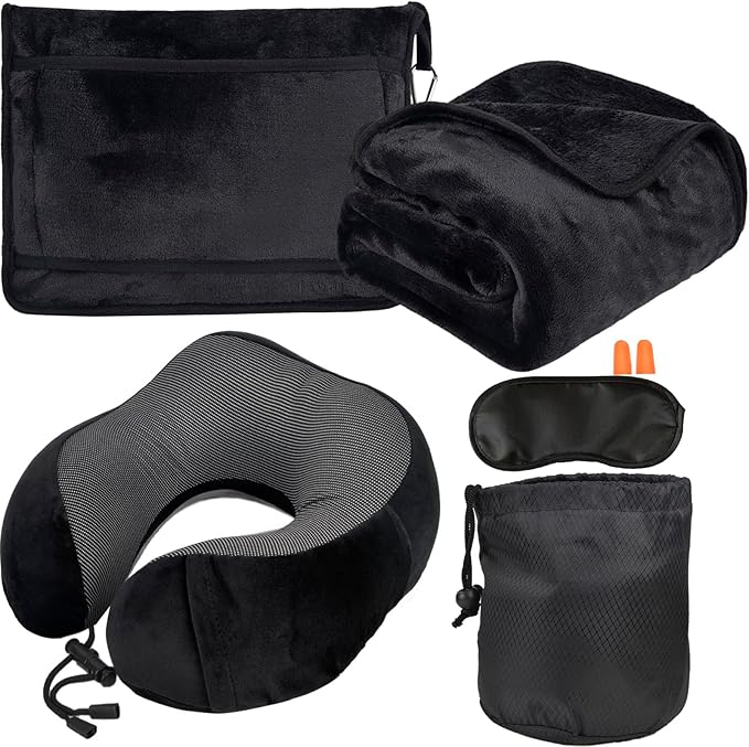 Travel Blanket and Pillow Set - Travel Neck Pillow & Blanket for Airplane, Thick Fleece Blankets Campact with Bag, Memory Foam Neck Pillows, Sleep Mask, Earplugs for Plane Traveling Essentials, Black