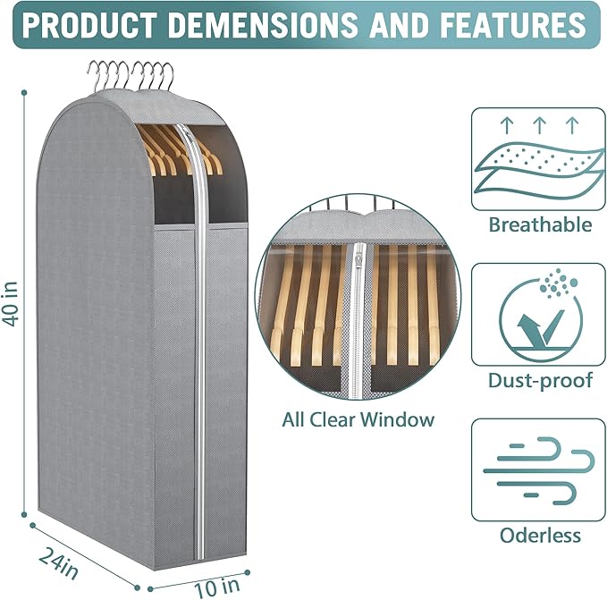 Liuoud 10" Gusseted Garment Bags for Hanging Clothes with Clear Window, 40" Suit Bags for Open Closet Storage, Clothing Cover for Coat, Dress, Jacket, Shirt, Fur Wardrobe Protector, 4 Packs