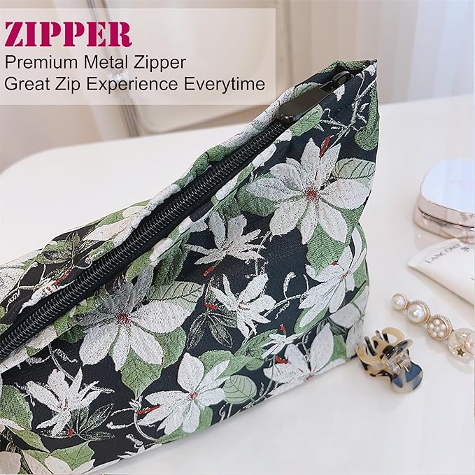 HAPPYHEIDI Large Black Embroidery Floral Makeup Bag Cosmetic Toiletries Travel Pouch, Canvas Lined, Purse Organizer, White Green Flowers