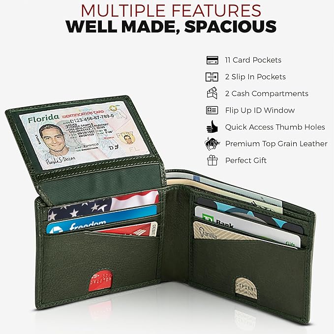 RFID Bifold Leather Wallet For Men with Flip Up ID Secure and Durable Extra Capacity Billfold with 11 Credit Cards in Vintage Buffalo Green, Tight Stitching & Quick Thumb Push Access, Gift Boxed