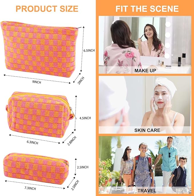 EIMMBD Makeup Bag 3 Pieces Large Capacity Checkered Cosmetic Bags Travel Toiletry Bag Organizer Cute Makeup Pouch Storage for Women(Orange & Pink)