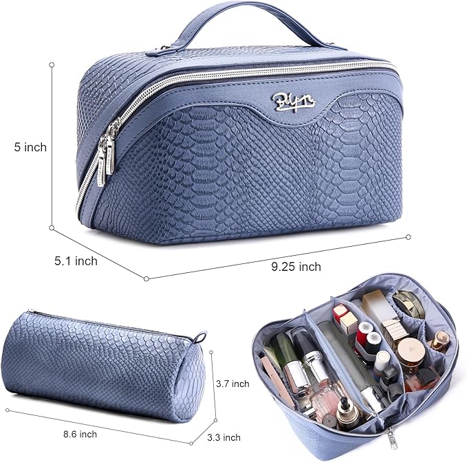 BOYATU Travel Makeup Bags for Women: 3 Pcs Set Wide Open Cosmetic Bag - Portable Make up Bags with Handle - Vegan Leather Toiletry Organizer Bag with Divider (G-05-Blue)