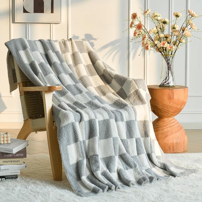 Checkered Blanket, Cozy Soft Throw Blankets for Couch Bed, Fluffy Plaid Lightweight Comfy Travel Picnic Blanket Gifts for Sofa Chair Living Room Camping (Light Grey, Throw 50"x60")