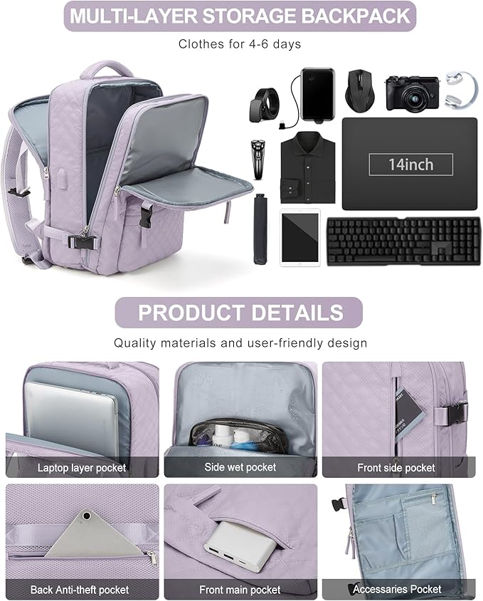 VGCUB Large Travel Backpack for Women Men, Carry on Backpack Airline Approved Gym Backpack Waterproof Business Laptop Daypack,Purple