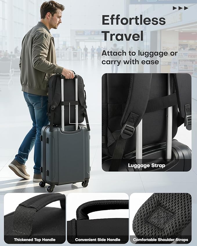 HOTOR Travel Backpack - TSA-Friendly Carry-On Backpack for Men & Women, Internal Luggage Straps & Waterproof Pocket, Perfect for Travel Essentials, Work, Commuting, 16.9" x 11.4" x 7.9", Black