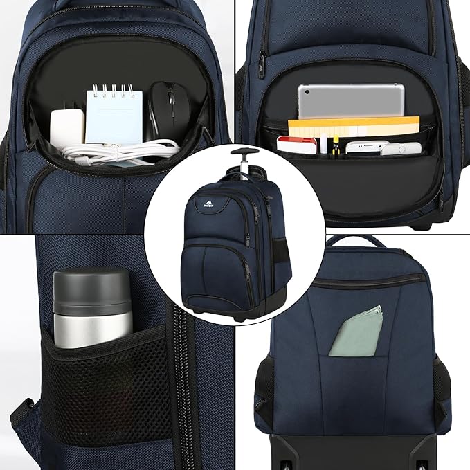 MATEIN Backpack with Wheels, Travel-friendly Rolling Laptop Backpack for Men Women, Freewheel Carry on Luggage Business bag, Compact College Trolley Suitcase Computer Bag fit 17 inch Notebook, Blue