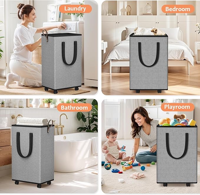 Laundry Basket with Wheels, Collapsible Laundry Baskets, Laundry Hamper with Handles Detachable Wheels, Rolling Laundry Basket, Dirty Clothes Hamper for Bathroom, Dorm, Bedroom, Grey, 100L