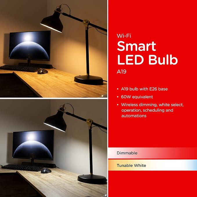 UltraPro Wi-Fi LED Smart Light Bulb, A19, 60W Equivalent, White Select Tunable 2700K - 6500K, Full-Range Dimmability, 2.4GHz Router Required, Circadian Rhythm, Easy-to-Use App, 2 Pack, 51448