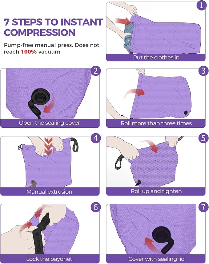 Travel Laundry Bag, Pump-free Vacuum Compression Dirty Clothes Bag, Medium Reusable Waterproof & Washable Laundry Bag, Wet and Dry Bag, Ideal for Suitcases, Laundromats (1 Pack) Purple