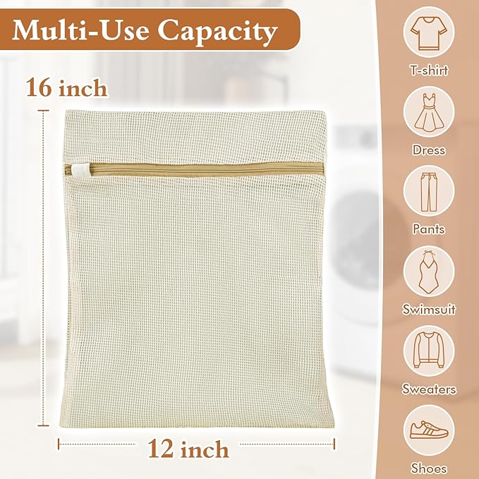 Natural Cotton Mesh Laundry Bags 12x16" 3-Pack,Gentle Wash for Lingerie, Baby Clothes & Travel Essentials