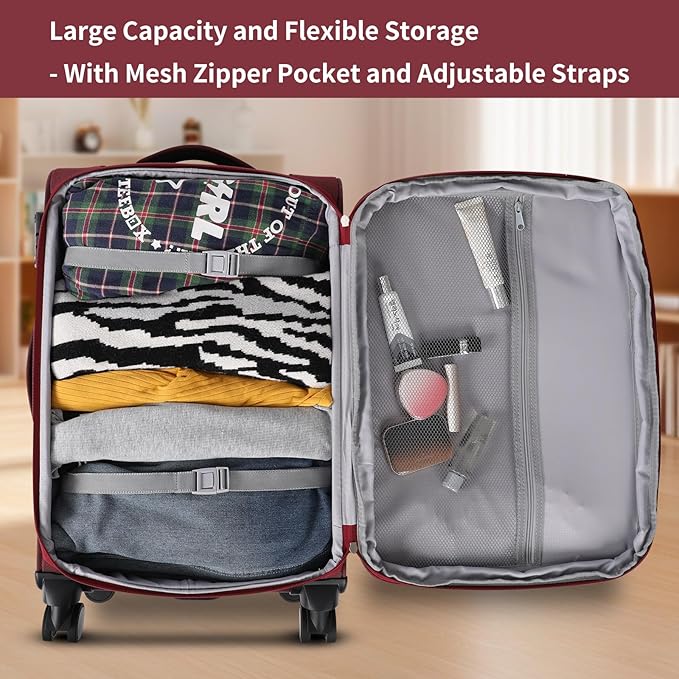 3-Piece Softside Expandable Luggage Set with Front Open Pocket, Lightweight and Durable Oxford Fabric Suitcase Set with TSA Lock (Burgundy Wine Red, 20in/24in/28in)