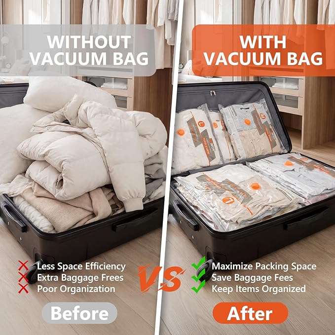 NESCCI Vacuum Bags for Travel with Rechargeable Air Pump,Carry-on Size Compression Packing Bags for Luggage and Suitcase,Space Saver for Clothes 24 Pcs Combo Travel Size