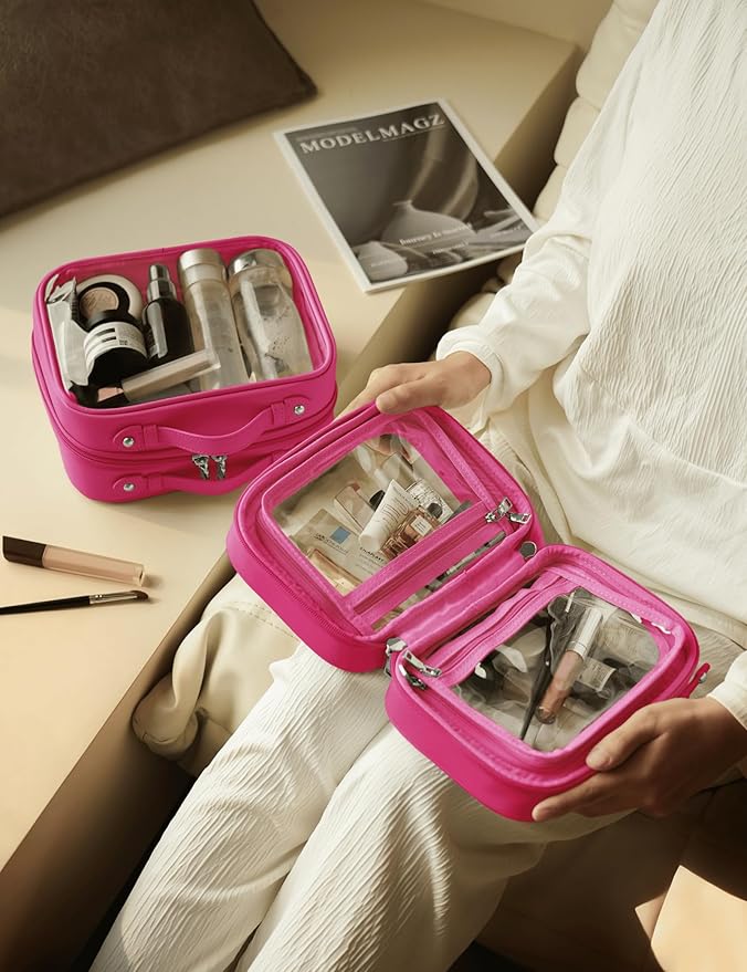 Clear Cosmetic Bag Double Layer Travel Toiletry Bag Clear Makeup Bag Case with 4 Compartments, Transparent Travel Bag for Toiletries, Large Toiletry Bag for Women Cosmetic Case (Hot Pink, Small)