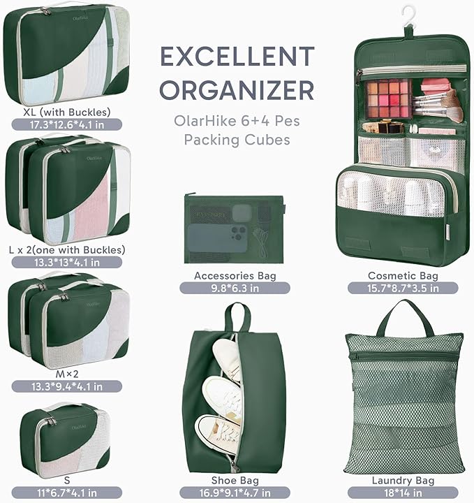 10 Set Packing Cubes for Travel, Gifts for Women Mom,Anti-Tearing Suitcase Organizer for Luggage with Shoe & Hanging Toiletry Bag,OlarHike Vacation Essentials & Accessories for Cruise Ship
