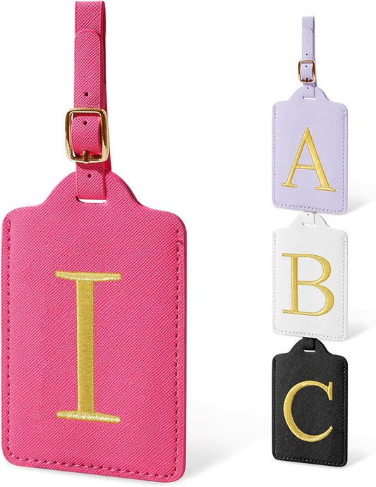 Initial Letter Luggage Tags for Suitcases, Embroidered Monogrammed Suitcase Luggage Identifier Name Tag, PU Leather TSA Approved Luggage Tags, Bag Tags for Men Women Kids Luggage Handbags(Rosered I)