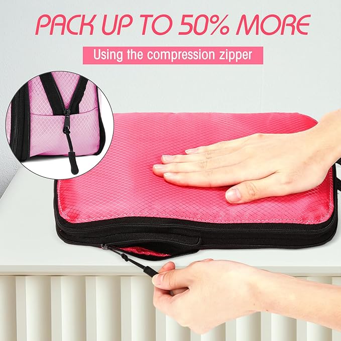 5 Pack Compression Packing Cubes for Travel Space Saving Cubes Luggage Organizer for Suitcase(Pink,M)