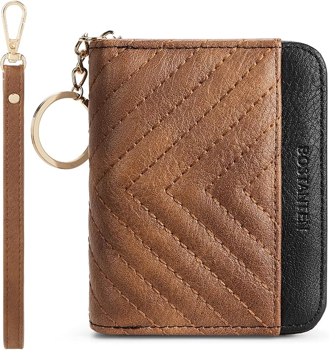 BOSTANTEN Credit Card Holder Wallet RFID Blocking Leather Small Wallet for Women Zipper Keychain Wallet with Wristlet Brown＆Black