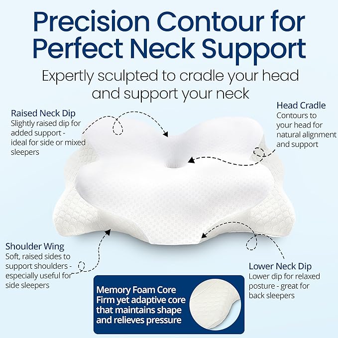Cervical Neck Pillow for Sleeping, Ergonomic Contour Soft Non Collapsing Memory Foam for Neck and Shoulder Pain Relief, Adjustable Support for Side Back Stomach Sleepers, Cooling Pillowcase