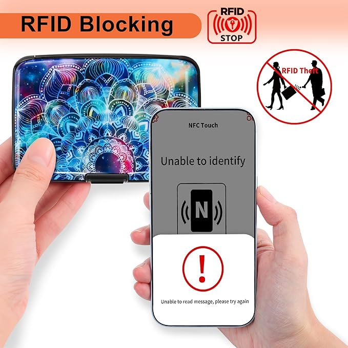 Mayski Credit Card Holder, RFID Blocking, Aluminum Alloy Hard Case, Small Mini Business Metal Wallet for Women Men, Mandala