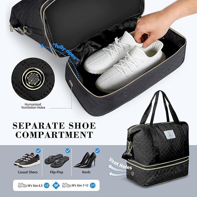 Geestock Travel Duffel Bag, Weekender Bags for Women, Carry on Overnight Bag with Shoe Compartment & Trolley Sleeve, Personal Item Travel Bags with Storage Pouch for Travel, Yoga, Gym, Hospital, Black