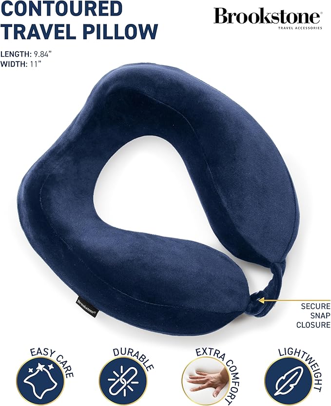 Brookstone Neck Travel Pillow - Lightweight Contoured Memory Foam Stuffable Travel Neck Pillow for Sleeping, Car, & Airplane, Size One Size, Blue