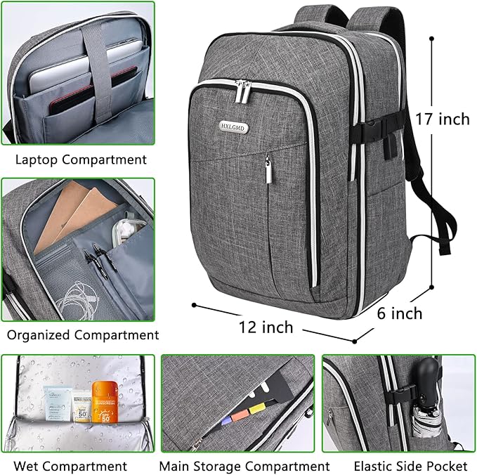 Personal Item Travel Carry On Luggage Backpack for Women Men Flight Approved Casual Weekender Laptop Bag for College Business Outdoors Hiking Water Resistant Lightweight Daypack with USB Charging Port
