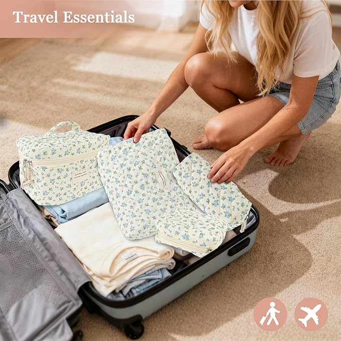 Cute Makeup Bag for Women(2 Pcs), Travel Cosmetic Bags, Quilted Coquette Aesthetic Floral Toiletry Organizer Bag (47 - BlueMuDan)