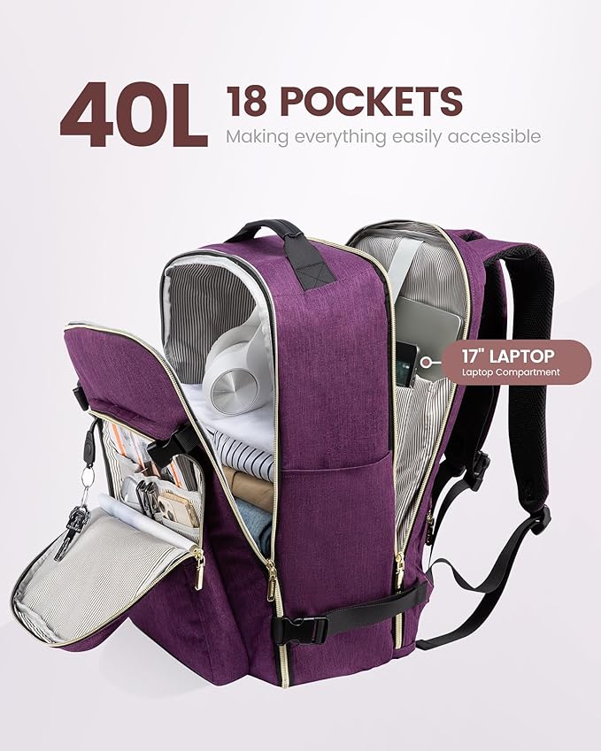 LOVEVOOK Travel Backpack for Women & Men 40L,Airline Approved Carry On Backpack Travel Essentials,TSA Carry on Luggage,Waterproof Personal Item Travel Bag,Suitcase with Packing Cubes,Dark purple-Black
