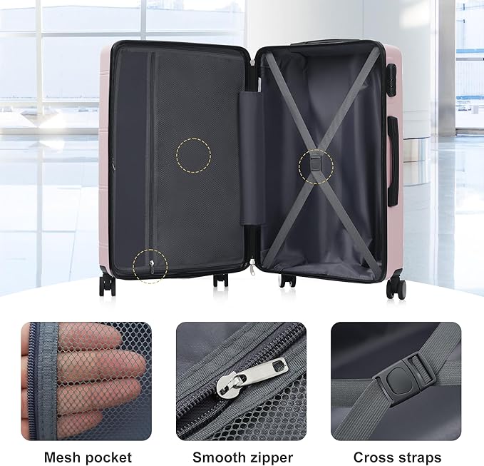 Merax Luggage Set 6 Piece,Lightweight Hardshell Suitcase with Double Spinner Wheels Handle Password Lock,14 IN Cosmetic Case 20/24/28 IN Luggages with Duffel Bag and Toiletry Bag,Pink