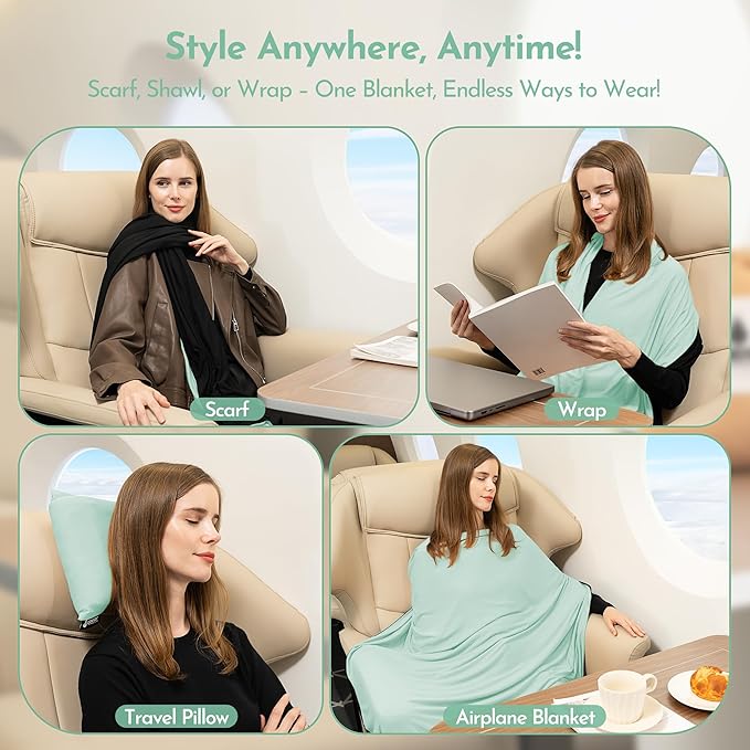 16-in-1 Compact Travel Blanket with Bag – Reversible, Ultra Soft Bamboo Airplane Blanket with Hidden Pocket – Packable for Flights & Travel Essentials (Semi-Weighted, Double Layer)