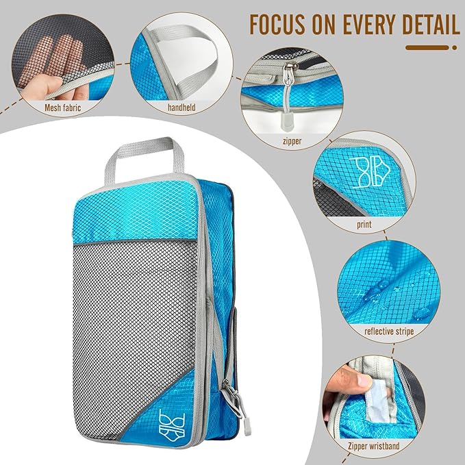 9-Set Packing Cubes with Hanging Bag | 9-Size Combination, Mesh Fabric & Reflective Stripe | Travel Luggage Organizers (sky blue)