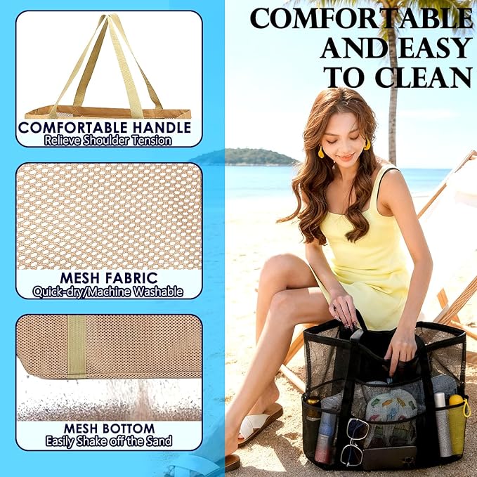 Fammart Mesh Beach Bag, Large Beach Tote with Zipper Pocket, Toys Pool Bag for Family Travel Vacation Cruise Essentials