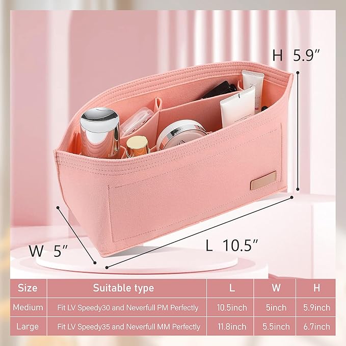 Purse Organizer Insert Compatible with Lv Neverfull MM Insert Organizer Pink and More, Bag Organizer Liner Shaper for Tote Handbags, Pink/L