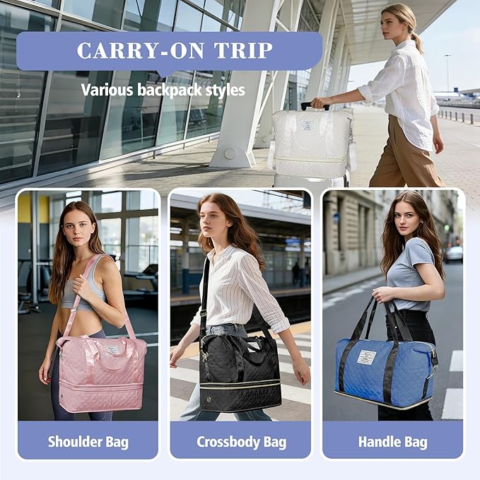 Geestock Travel Duffel Bag, Weekender Bags for Women, Carry on Overnight Bag with Shoe Compartment & Trolley Sleeve, Personal Item Travel Bags with Storage Pouch for Travel, Yoga, Gym, Hospital, White