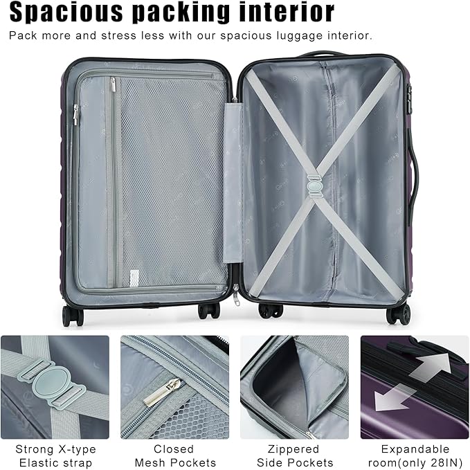 Coolife Luggage 3 Piece Set Suitcase Spinner ABS+PC Hardshell Lightweight TSA Lock USB Port, 20in 24in 28in Carry on Expandable (only 28’’), Purple