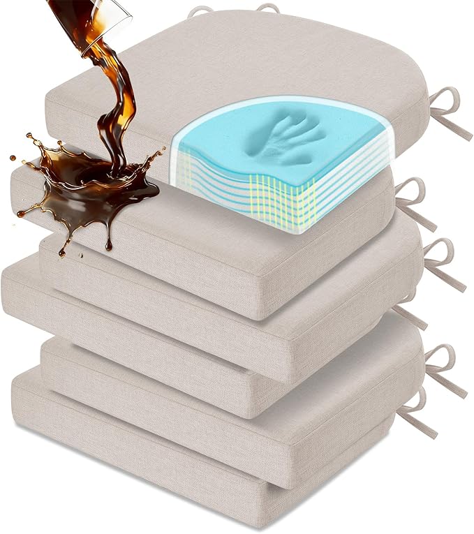 downluxe Chair Cushions for Dining Chairs, Memory Foam Linen Kitchen Chair Pads with Ties, Waterproof, Stain-Resistant and Washable Cover, 17" x 16" x 2.5", Beige, 6 Pack