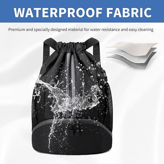 Drawstring Backpack Gym Bag with Shoes Compartment for Soccer, Basketball, Swim, Water-Resistant String Backpack Beach Cinch for Women Men, Black, Medium