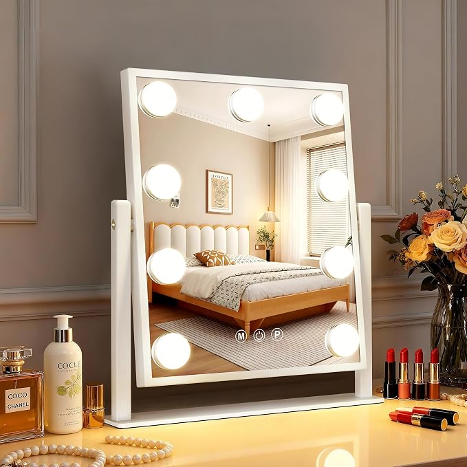 Makeup mirror with lights,Hollywood Vanity Mirror with 9 LED Bulbs，12" x 13.2" Plug in Makeup Mirror for Desk,Smart Touch Control 3Colors Dimmable, light up mirror for makeup,Bedroom,Tabletop,White